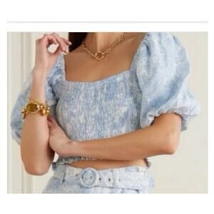 Faithful The Brand Sz 2 Square Neck Top Blue Floral Stretch Boho Cottage Linen